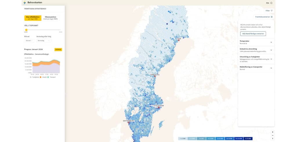 Behovskartan (https://www.behovskartan.se) är en visualiseringsplattform där användaren kan experimentera med olika variabler som påverkar elkonsumtionen, det vill säga både effekt- och energibehoven.