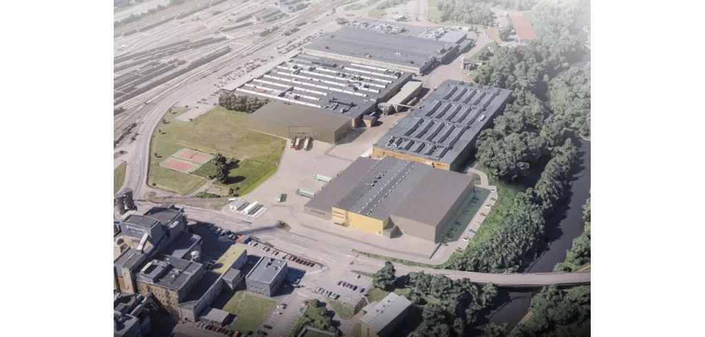 Skissbild över det nya logistikcentret i Göteborg när det är färdigbyggt. Fotograf: SKF