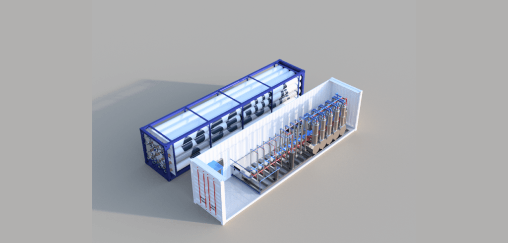 Pilotprojekt inom energilagring – industriell testning av Remora Stack Standard 40-fots container längd 12 m - bredd 2,4 m - höjd 2,5 m) som används av REMORA Stack för massiv lagring av förnybar energi.